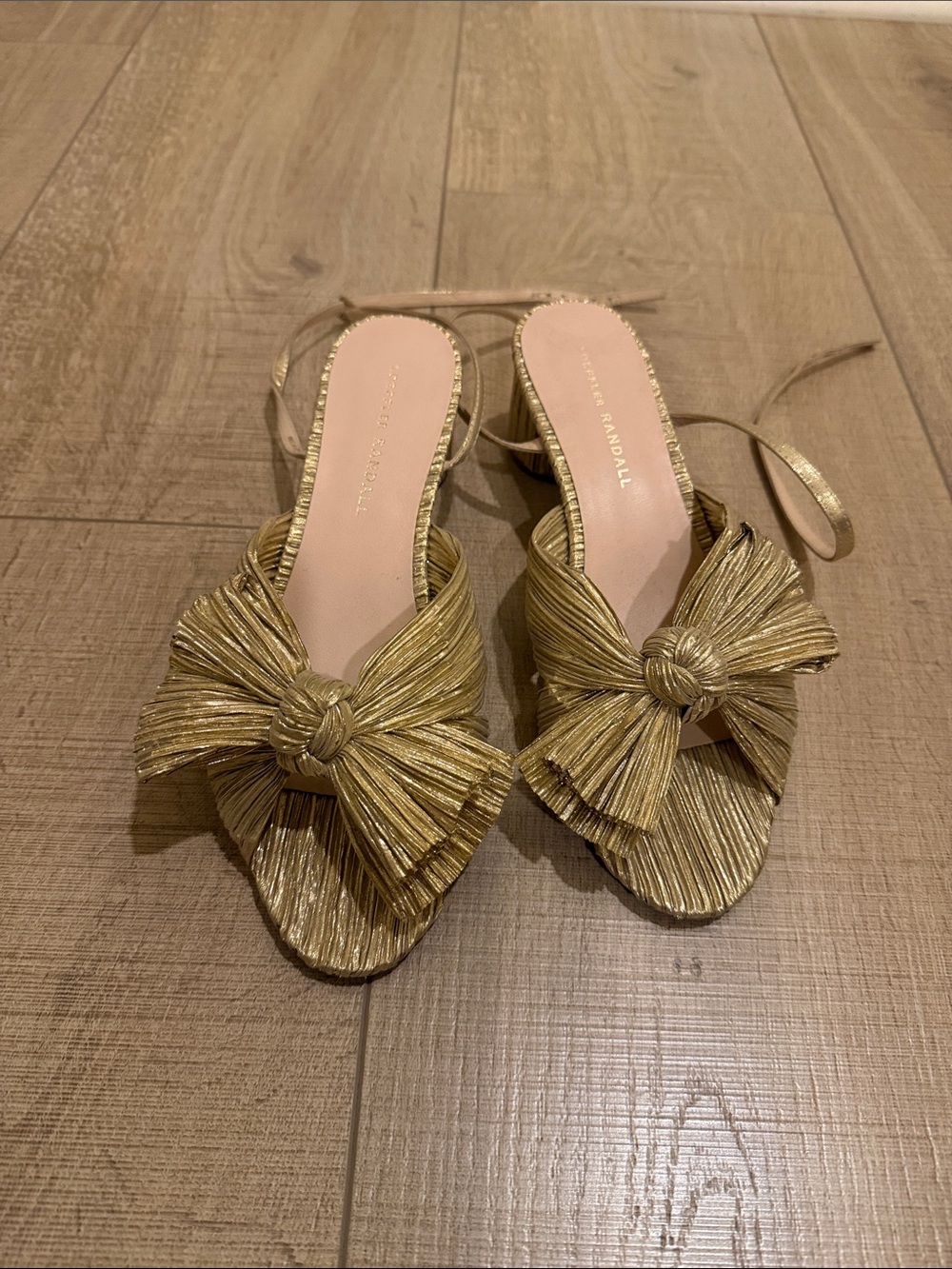 Loeffler Randall Metallic Gold Knotted Bow Slide Mules